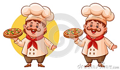 Cute pizza chef cook in culinary hat, pizzeria cooking baker master hold tray Italian fast food icon. Cooking man character vector Vector Illustration