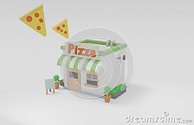 Cute pizza front isometric shop and store ,low poly building flower pot and board landscape geometric scene on white background cu Cartoon Illustration