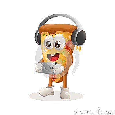 Cute pizza mascot playing game mobile, wearing headphones Vector Illustration