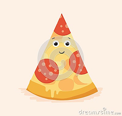 Cute pizza slice with funny face, eyes and mouth. Triangle piece of Italian fast food character with melting cheese and Vector Illustration