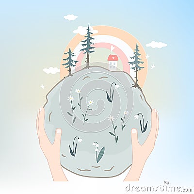 Cute planet in human hands. Earth home and peace concept, vector illustration. Earth day greeting card. Ecology, care Vector Illustration