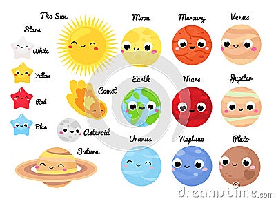 Cute planets. Cartoon sun, moon, earth and space solar system elements set. Vector illustration for kids and children Vector Illustration