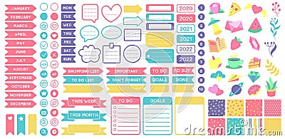 Cute planner stickers. Organizer tags, color patterns and calendar icons. Check, planners and weekly days label vector Vector Illustration