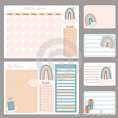 Cute planner templates - for day, week, month, to-do list. Scandinavian style organizer and schedule with notes and to Vector Illustration