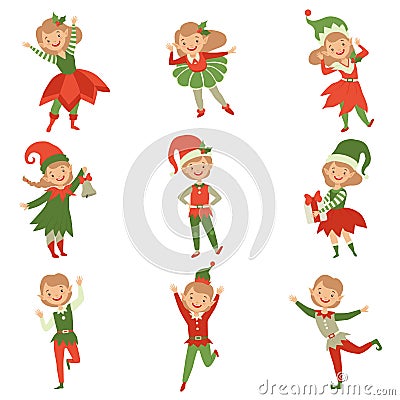 Cute playful boys and girls in elf costumes, little Santa Claus helpers characters vector Illustration on a white Vector Illustration