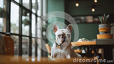 French Bulldog in a Cafe - Funny Pose Stock Photo