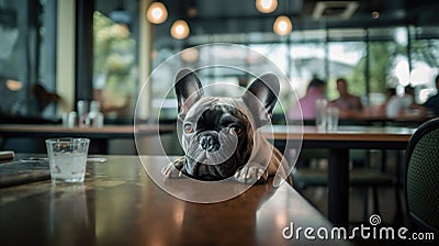 French Bulldog in a Cafe - Funny Pose Stock Photo