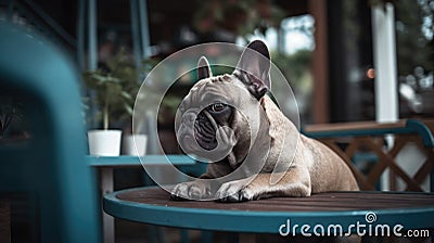 French Bulldog in a Cafe - Funny Pose Stock Photo