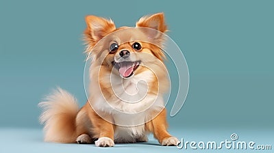 Cute playful little doggy looking happy isolated on blue background Stock Photo