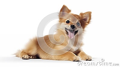 Cute playful little doggy looking happy isolated on white background Stock Photo