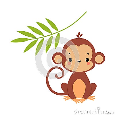 Cute Playful Monkey with Long Tail Sitting with Tree Branch Vector Illustration Vector Illustration