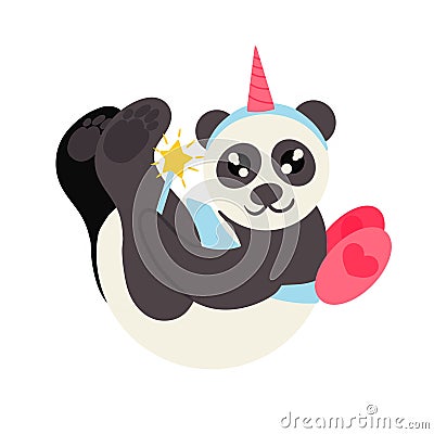 Cute playful panda in a fairy costume with a magic wand on a white background. Vector illustration. Design element. Vector Illustration