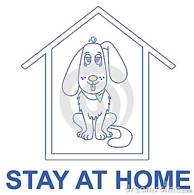 Outline drawing. Caption - stay home. A cute, playful white dog with a heart sits in a house. It scratches the ear and rests. Vector Illustration