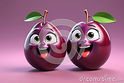 A Cute Plum as a 3D Rendered Character Over Solid Color Background Having Emotions Stock Photo