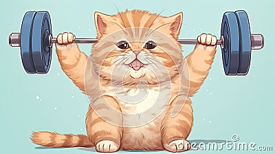 cute plump ginger cat working lifts the barbell, cartoon anime style, banner Cartoon Illustration