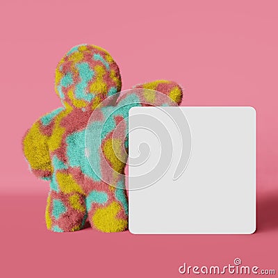 Cute plush rainbow Yeti card mockup 3d rendering character pink background. Modern creative minimal holiday sale design Stock Photo