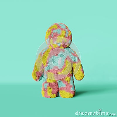 Cute plush rainbow Yeti 3d rendering hairy cartoon character turquoise background Faceless colorful furry terry bigfoot. Stock Photo