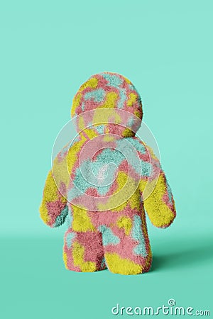 Cute plush rainbow Yeti 3d rendering hairy cartoon character turquoise background Faceless colorful furry terry bigfoot. Stock Photo