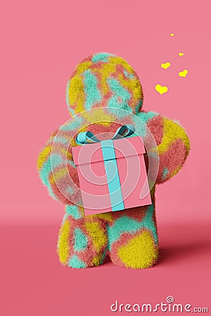 Cute plush rainbow Yeti with gift box hearts 3d rendering Valentines day pink background Contemporary advertising banner Stock Photo