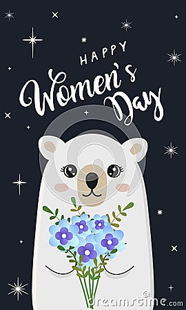Cute polar bear holding bouquet. Happy Women's Day Vector Illustration