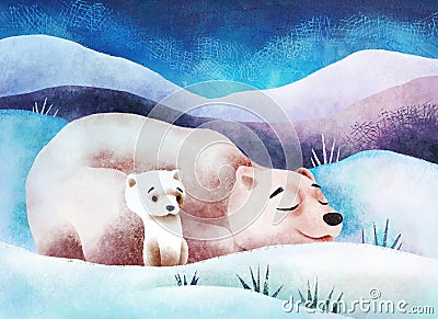 Cute polar bear mom and child on snow, winter time in the Arctic. Cartoon Illustration