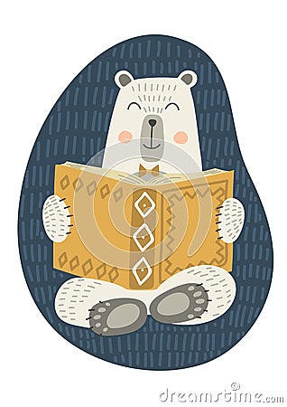 Cute polar bear readimg book. Vector Illustration