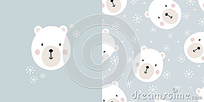 Cute polar bear card and seamless pattern. Children background with bear and snowflakes. Vector illustration set. Vector Illustration