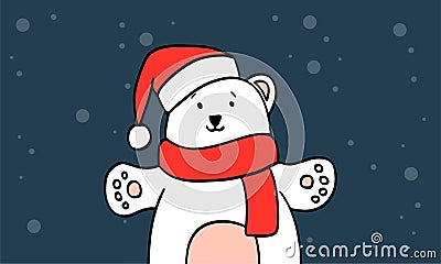 Cute polar bear wishes Merry Christmas and Happy New Year. A hand-drawn white bear wearing a red santa claus hat and a red scarf Vector Illustration