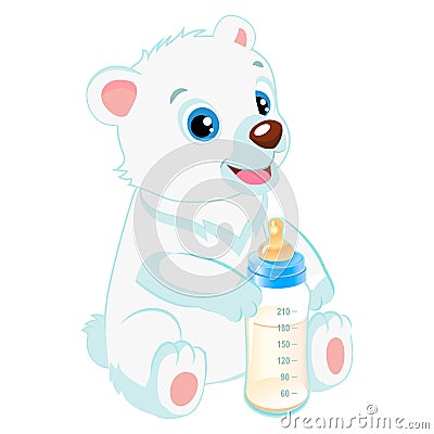 Cute Polar Teddy Bear With Feeding Bottle. Healthy Eating For A Healthy. Vector Illustration