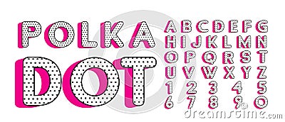 Cute polka dots 3D english alphabet letters set. Vector LOL doll surprise style. Happy birthday alphabet with hot pink shadow Vector Illustration