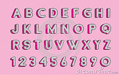 Cute polka dots 3D english alphabet letters set. Vector LOL doll surprise style. Happy birthday alphabet with hot pink shadow Vector Illustration