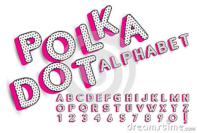 Cute polka dots 3D english alphabet letters set. Vector LOL doll surprise style. Happy birthday alphabet with hot pink shadow Vector Illustration