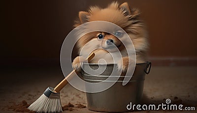 A Cute Pomeranian Dog Sitting in a Cleaning Bucket with a Mop Stock Photo