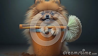 A Cute Pomeranian Dog Sitting in a Cleaning Bucket with a Mop Stock Photo