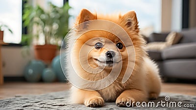 Cute Pomeranian puppy breed the room fluffy adorable animal small Stock Photo