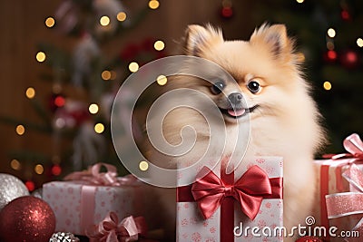 Cute Pomeranian pups in a gift box, adding charm to Christmas celebrations Stock Photo