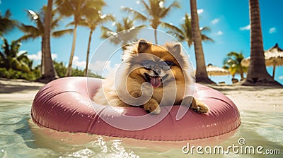 Cute Pomeranian with sunglasses on a pool float, Summer Vacation Concept Stock Photo