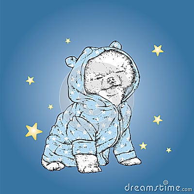 Cute pomeron spitz in pajamas. Vector illustration. Good night. A pedigreed dog in a suit. Little puppy. Vector Illustration