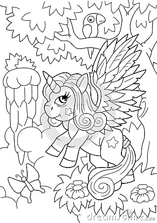 Cute pony unicorn coloring book funny illustration Vector Illustration