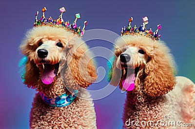 Cute poodles with crowns on heads smiling on bright multicolored background. Portrait of happy dogs with royal Stock Photo