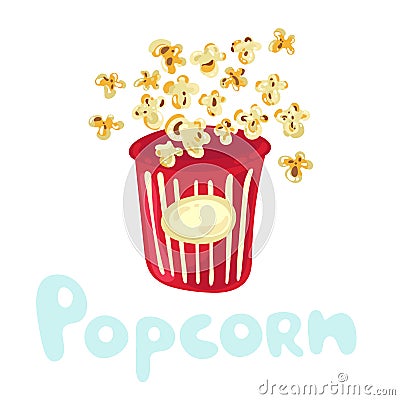 Cute popcorn flying out of striped cardboard box isolated on white background. Littered heap of corn seeds. Movie Vector Illustration
