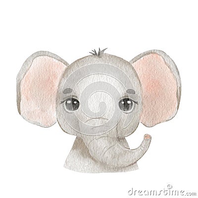 Cute portrait elephant head in cartoon style. Drawing african baby wild elephant face isolated on white background Stock Photo