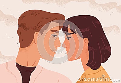 Cute portrait of romantic heterosexual couple. Young man and woman in love looking at each other. Scene of tenderness Vector Illustration