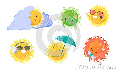 Cute positive sun characters doing summer activities vector illustration Vector Illustration