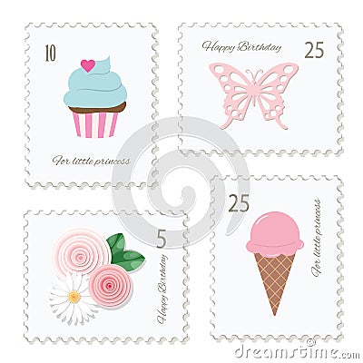 Cute postage stamps for birthday or scrapbook design. Decorative stickers for girls. Stock Photo