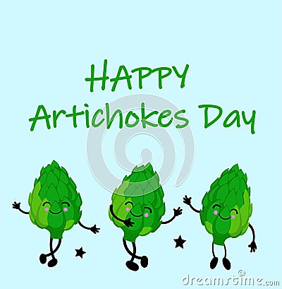 Cute postcard. Artichoke Day. Three fun vegetables Stock Photo