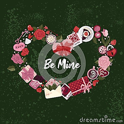 Cute posters with valentines day elements greetings, heart shape frame, vector illustration in flat cartoon style. Vector Illustration