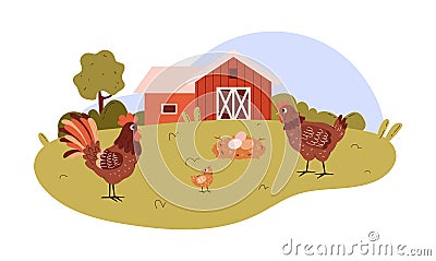 Cute poultry farm with chicken family cartoon vector illustration, hen with chick and rooster, eggs in the nest on lawn Vector Illustration