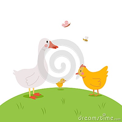 Cute poultry goose, hen and chick are walking on a green meadow Vector Illustration