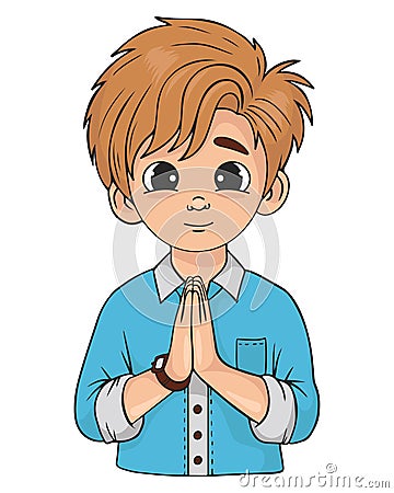 Cute praying boy teenager. Religious believer male character. Vector illustration. Vector Illustration